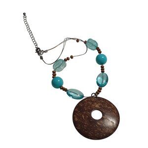 Coconut Shell Pendant Necklace Adjustable Length Turquoise Blue Wood Beads Gift
